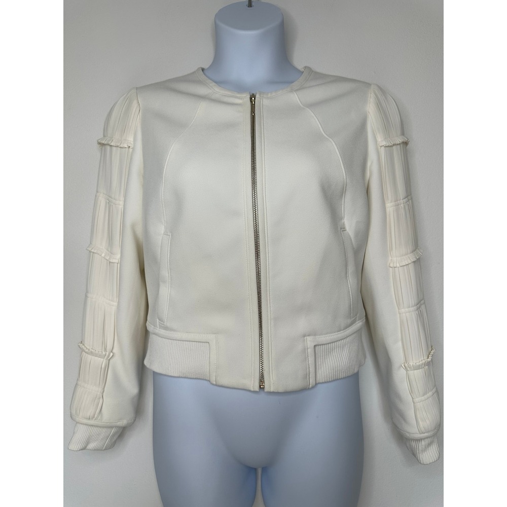 White House Black Market Pleated Sleeve Bomber Jacket White Ecru Size 8 Chic